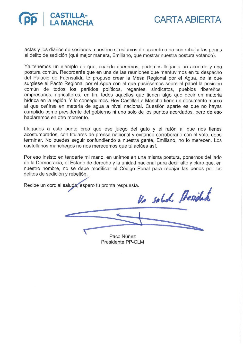 Carta abierta enviada por Paco Núñez a Emiliano García-Page