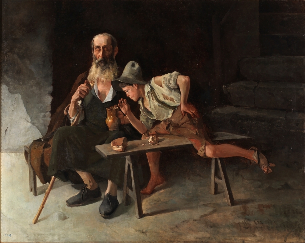 Lázaro bebe de la jarra del ciego utilizando una paja larga de centeno, en este óleo de Luis Santamaría y Pizarro.