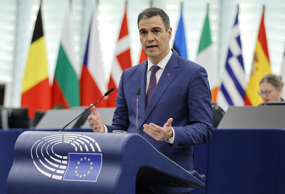 El presidente del Gobierno, Pedro Sánchez, durante su intervención ante el Parlamento Europeo